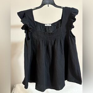 Smocked Square Neck Ruffle-Sleeve Tank Top - Black